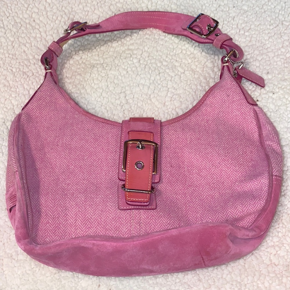 Coach Pink Herringbone and Suede Hobo Handbag 1407